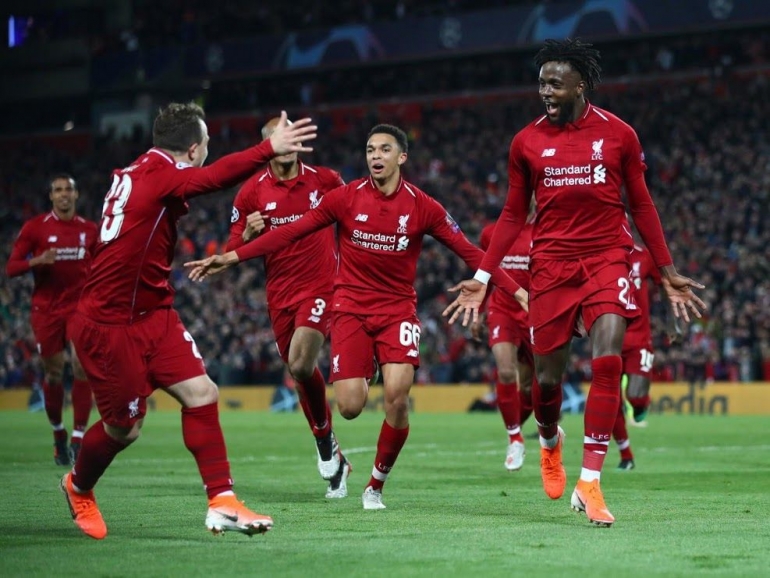 Pemain Liverpool selebrasi beberapa saat setelah mencetak gol sumber : akun twitter Liverpool