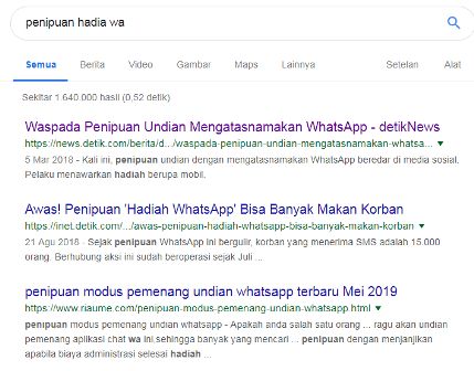 Informasi Google Tentang Penipuan dari Pesan WA (Sumber: screenshot pribadi)