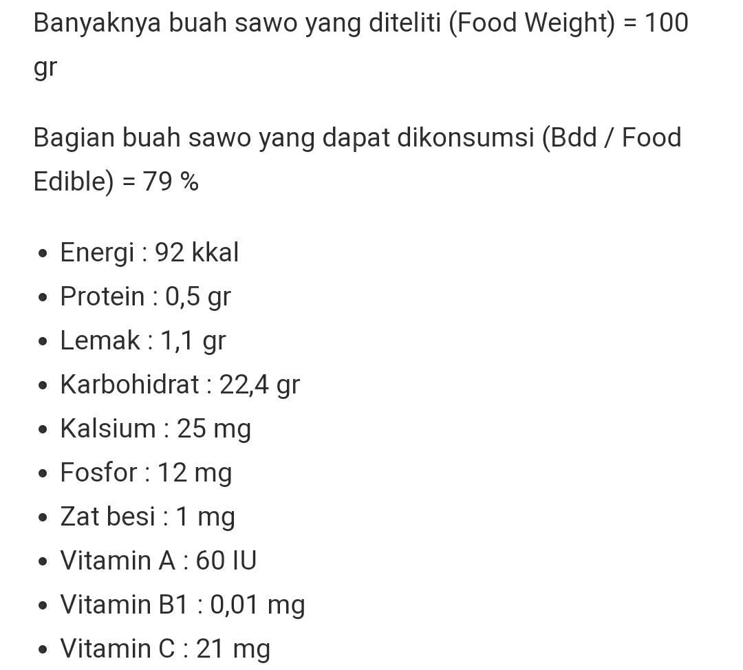 Kandungan gizi buah sawo (manfaat.com)