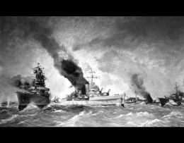 Tekening van gevecht en brandende schepen tijdens de slag in de Javazee. De tekenaar is Van der Ven, 1942 (Nationaal Archief, 1942)