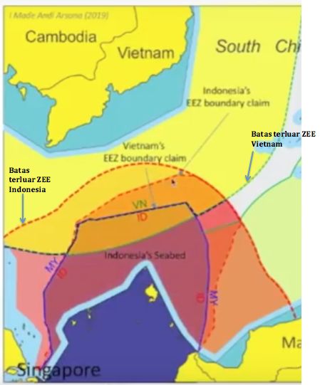 Gambar 4: Ilustrasi batas terluar ZEE Indonesia dan Vietnam, Proposal garis batas ZEE dari Indonesia dan dari Vietnam