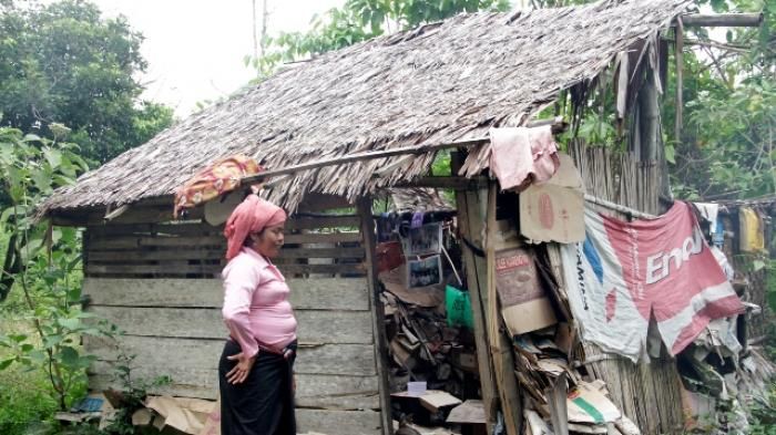 Janda miskin asal Gampong Hasan Kumbang, Kecamatan Bandar Dua, Pidie Jaya, Nurliah (42), mengamati gubuk reot yang telah ditempati selama 14 tahun. Gubuk reoat tersebut semakin memprihatinkan | Foto: serambinews.com