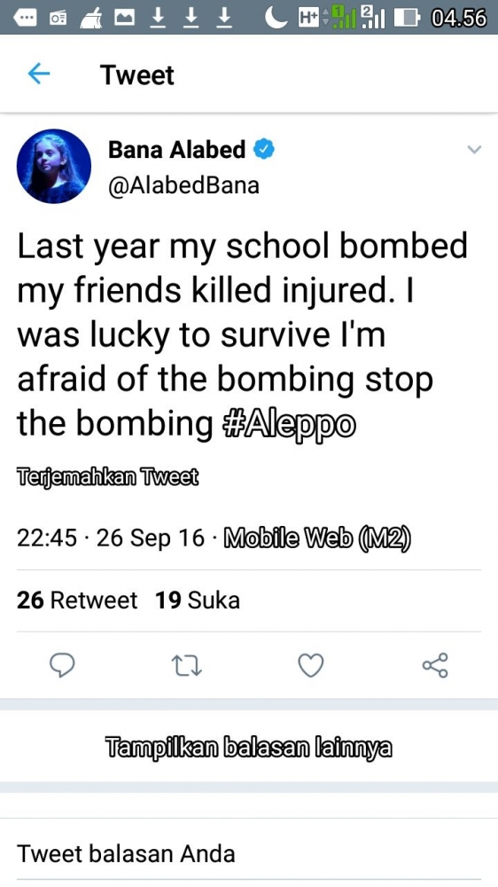 Tak Ada lagi sekolah Bom melahap Suriah Sumber Gambar: Twitter @AlabedBana