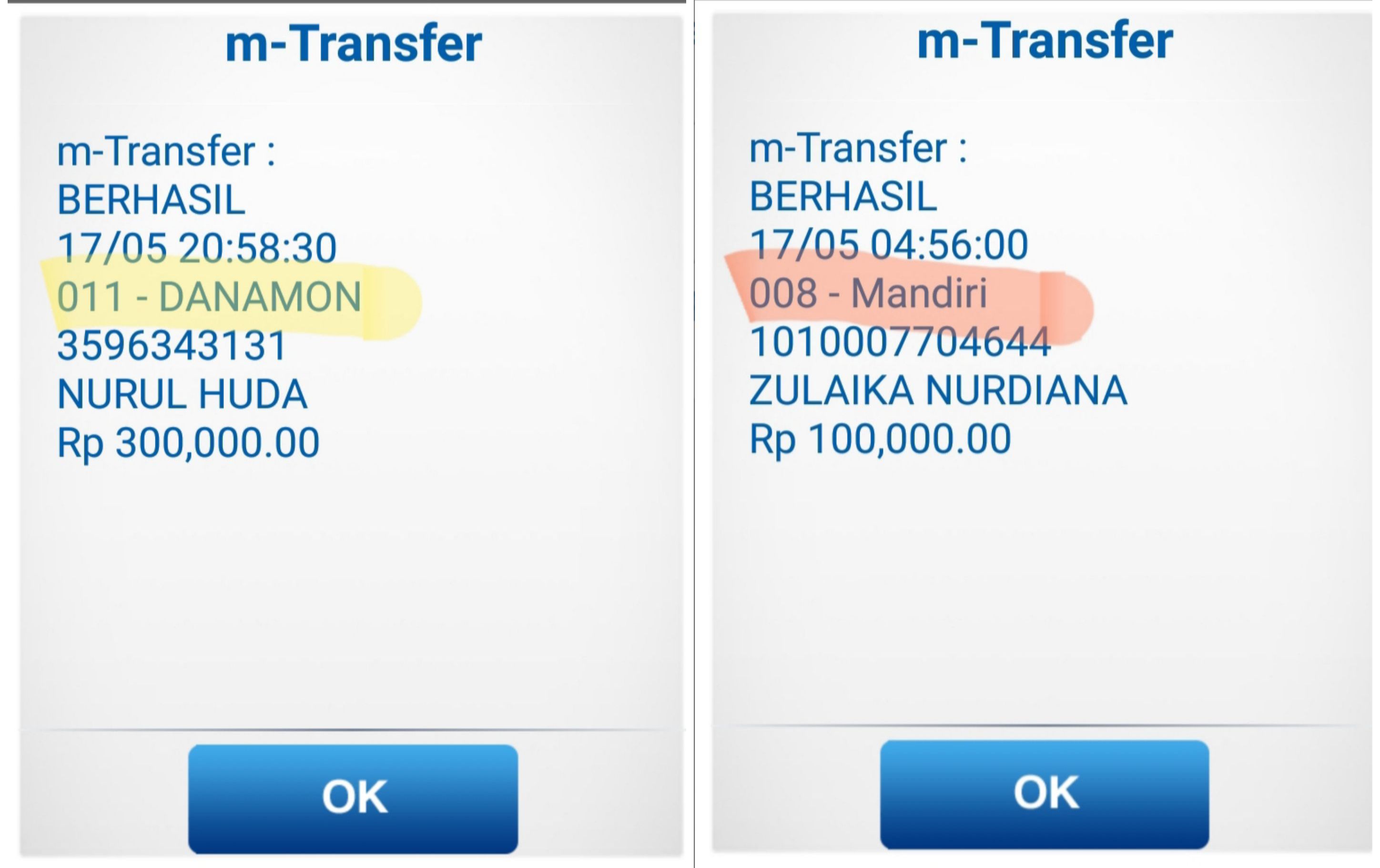 Ilustrasi: Bukti transfer menggunakan BCA Keyboard Penulis ke keluarga serta mitra di Bank Mandiri dan Bank Danamon (17/05). Sumber: Pribadi