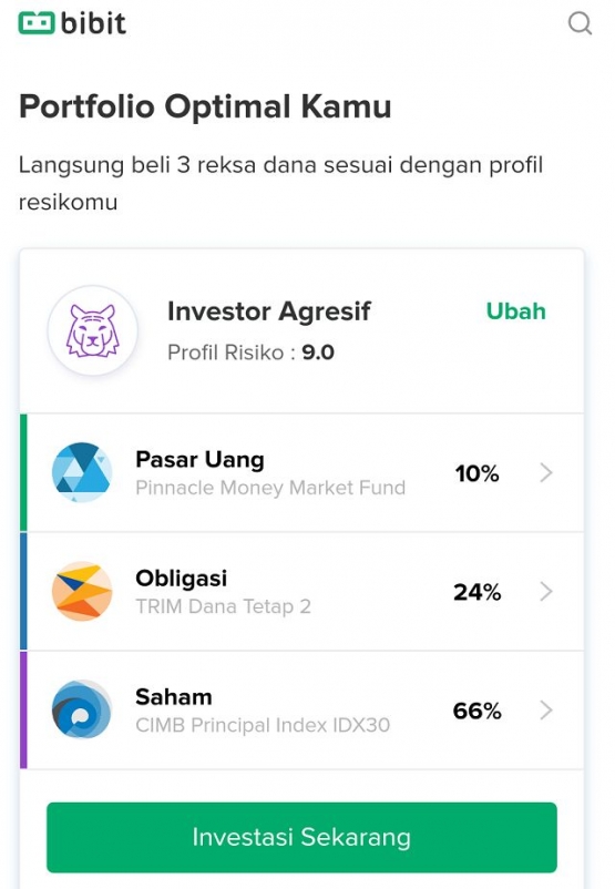 Tampilan aplikasi Bibit, diambil dari Screenshoot Smartphone Pribadi