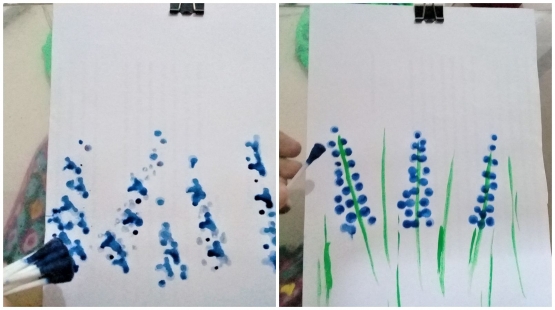 membuat pola dengan beberapa cotton bud (gambar kiri), dan 1 cotton bud (gambar kanan) | sumber: dokpri