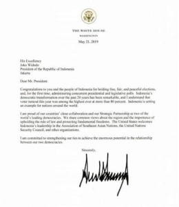 surat Presiden Trump kpd Jokowi (sumber:Joutje Kaunang.fb.com)