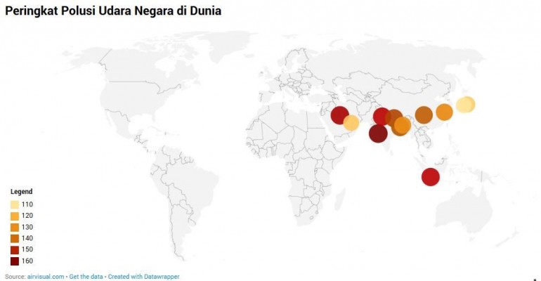Gambar 3. Kota Jakarta Terkenal Akan Kualitas Udaranya yang Buruk | sumber: pengolahan pribadi melalui datawrapper