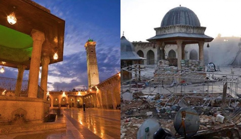 Mesjid Umayyah sebelum dan setelah penghancuran (dok. IdnTimes)