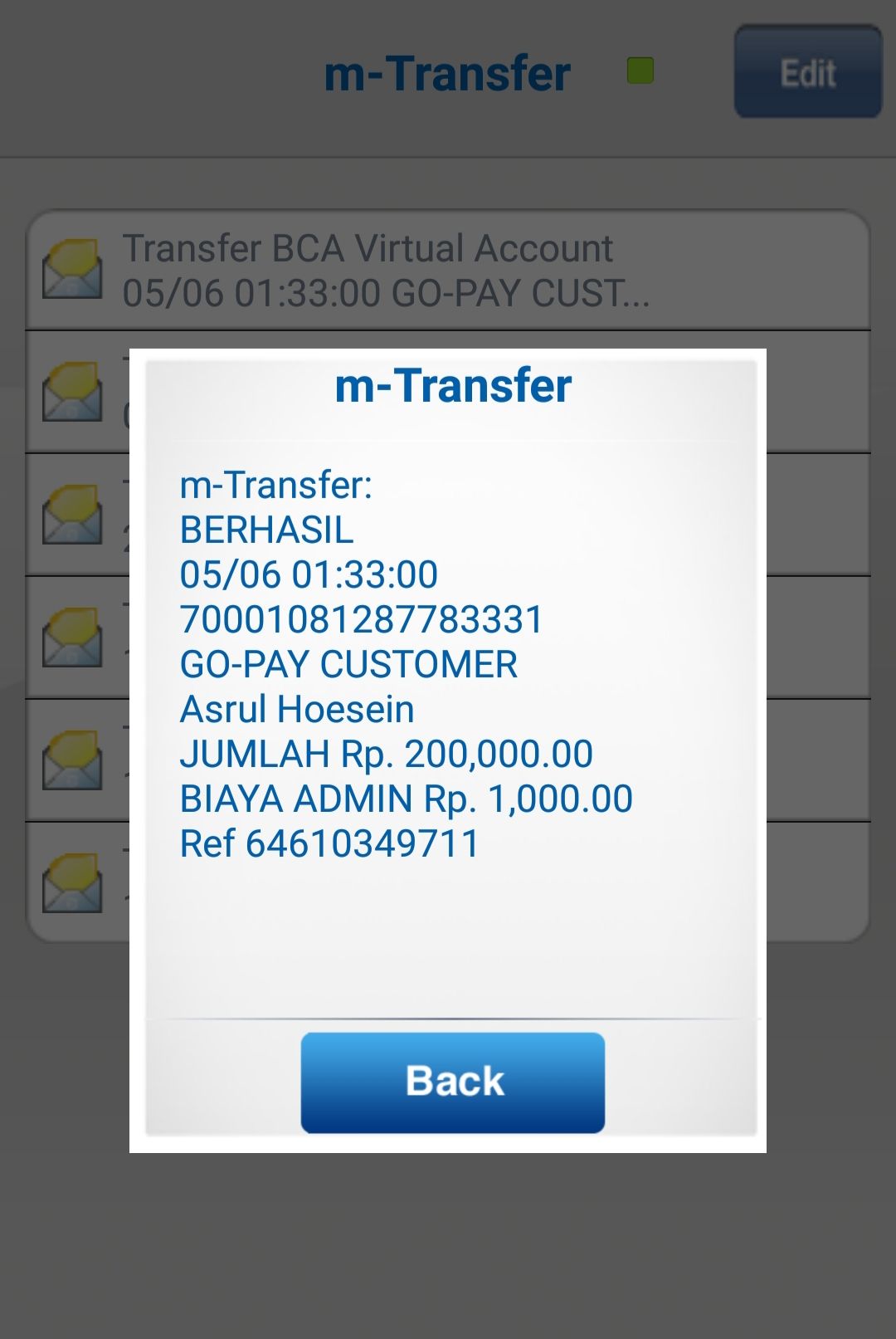 Ilustrasi: Top up Go-Pay melalui m-BCA untuk belanja menu Lebaran. Sumber: Pribadi.