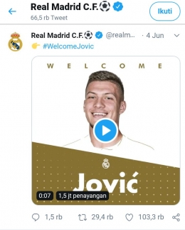Luka Jovic juga menjadi rekrutan baru Real Madrid. (Screenshot/Twitter.com/@realmadrid)