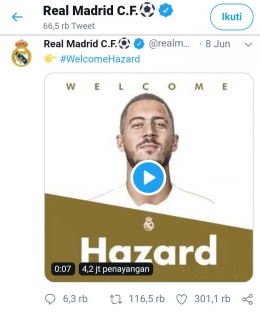 Karena Hazard masih bersama timnas Belgia, maka pengenalannya baru dilaksanakan pada 13 Juni nanti. (Screenshot/Twitter.com/@realmadrid)