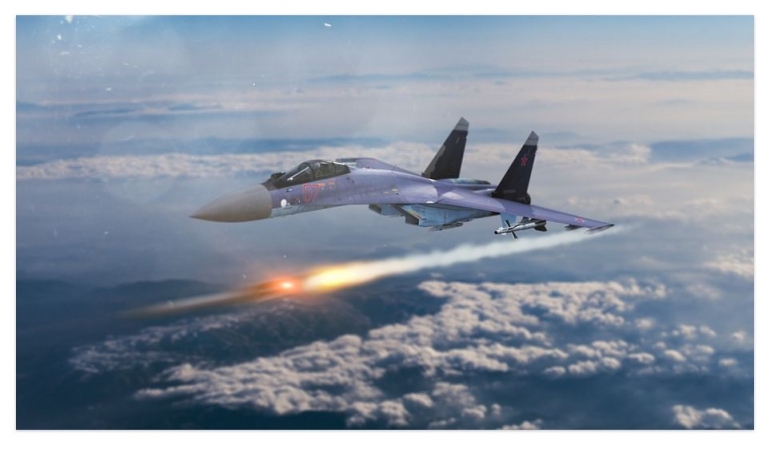 Deskripsi : Sukhoi SU-35,jet tempur yang memiliki daya getar tinggi I Sumber Foto : Pixabay
