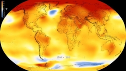 Grafis NASA memperlihatkan anomali temperatur global antara 2014 and 2018. Kawasan yang mencapai taraf lebih tinggi dari tren jangka panjang ditunjukkan dengan warna merah/bbc.com