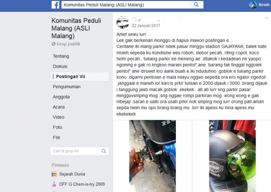 Sebuah postingan keluhan tentang parkir di Pasar Minggu komplekas Stadiun Gajayana Kota Malang. - Dok. FP Malang Raya