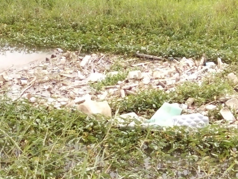 Sampah menutupi permukaan sebuah sungai kecil di Kota S,  Dokumentasi Pribadi.
