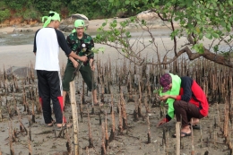 Saat menanam mangrove, ternyata membutuhkan perjuangan ketika membuat lubang tanam dengan menggunakan linggis dan tangan.  Foto dok : Simon Tampubolon/Yayasan Palung