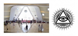Mihrab Masjid Al-Safar (kiri) dan simbol Illuminati (kanan) (sumber : BBC Indonesia & shutterstock)