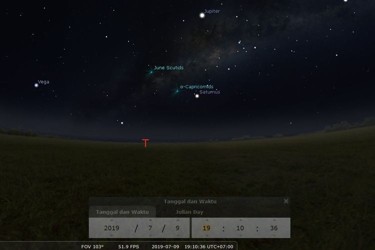 Ilustrasi pemandangan langit malam pada Rabu (10/7/2019). Saturnus akan tampak di timur saat senja dengan magnitudo 0,05.(Stellarium)