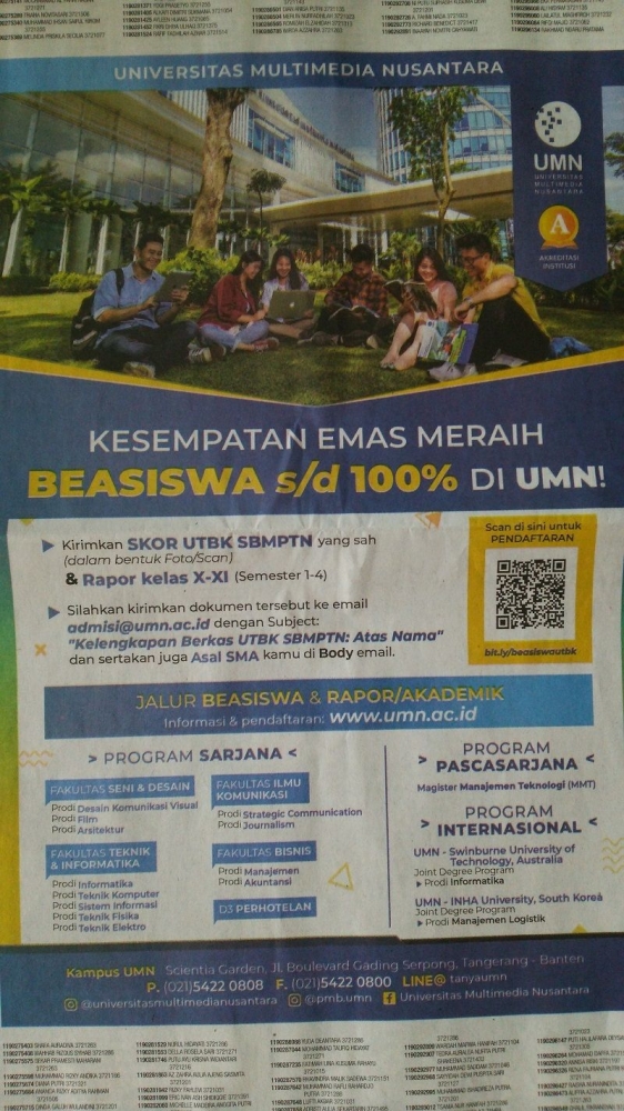 iklan Universitas Multimedia Nusantara di koran Kompas 10 Juli 2019 (dokumentasi Himam Miladi)