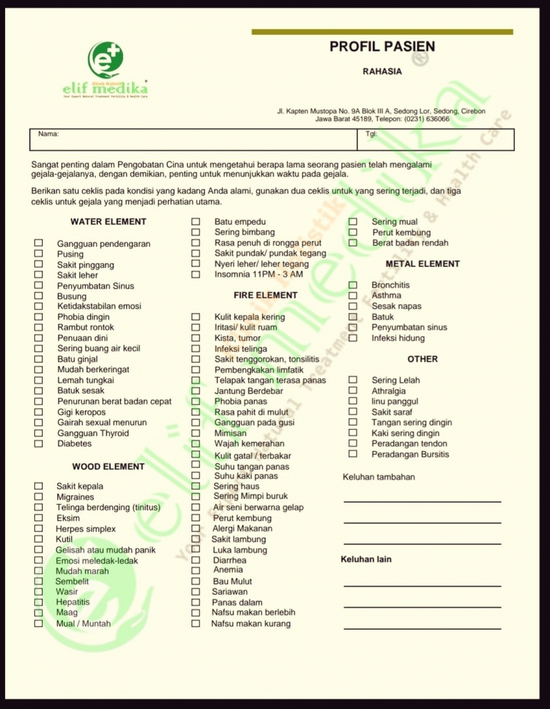 Form standar diagnosis menentukan sindrome pasien sebelum meresepkan ramuan herbal via Klinik Holistik Elif Medika