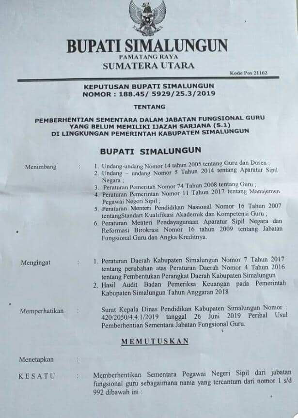 Meminta Untuk Meninjau Kembali Sk Bupati Simalungun Terkait
