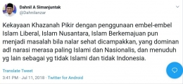 Twit mantan Ketua Umum Pemuda Muhammadiyah | Foto Screenshot @Dahnilanzar