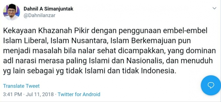 Twit mantan Ketua Umum Pemuda Muhammadiyah | Foto Screenshot @Dahnilanzar