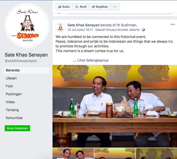 Kolom media sosial Facebook Sate Khas Senayan