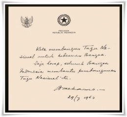 Surat Bung Karno untuk pembangunan Tugu Monas (diambil dari makalah Nunus Supardi)