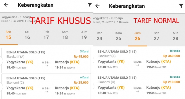 Tiket tarif khusus dengan jumlah kursi yang sangat terbatas pada KA Senja Utama Solo relasi Yogyakarta-Kutoarjo. Untuk mengamankan tiket ini, maka jaringan prima menjadi andalannya. (KAI Access- Screenshoot pribadi)
