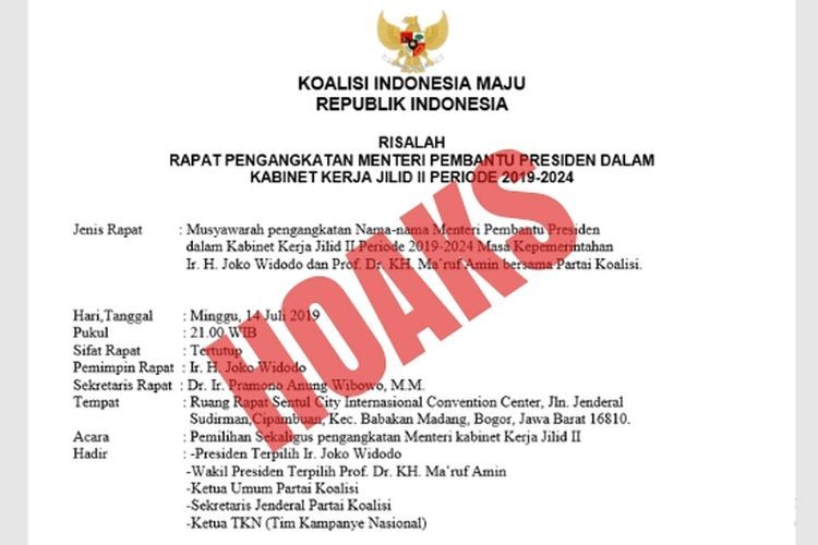 Dokumen daftar menteri yang beredar dipastikan hoaks (Kompas.com)