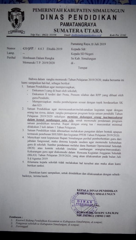 Surat Himbauan Kepala Dinas pendidikan Simalungun, sumber: dekrit.com/ 