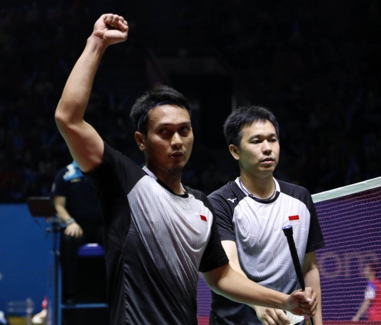 Hendra/Ahsan memperlihatkan kematangan saat mengalahkan ganda Jepang/Foto: Twitter Badminton Ina