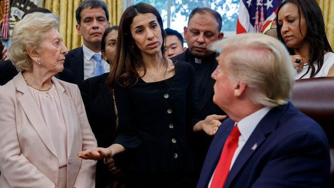 President Donald Trump listens to Nobel Peace Prize winner Nadia Murad, from Yazidi, Iraq, center, as he meets with survivors of religious persecution in the Oval Office of the White House on Wednesday, July 17, 2019, in Washington. (AP) 