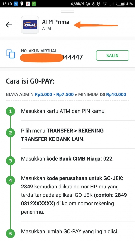 Top up Go-Pay di GO-JEK menggunakan ATM Prima. Dokpri
