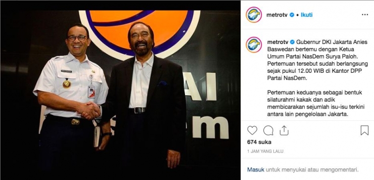 Ketua Partai Nasdem Surya Paloh bertemu dengan Gubernur DKI Anies Baswedan pada Rabu, 24 Juli 2019 (sumber: instagram.com/metrotv).