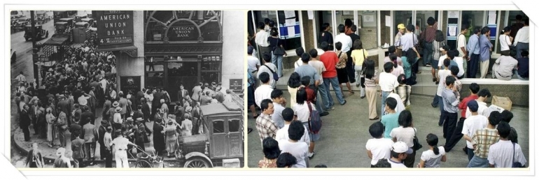 Great Depression (1929 – 1939) melanda Amerika Serikat. dan Rush di Indonesia :Krismon 1998. Gambar kolase dari moneysmart.id dan cnn.indonesia