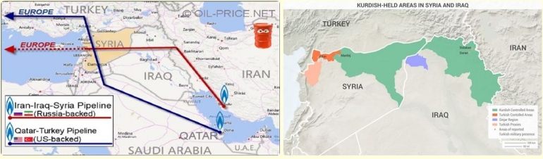 Gambar ilustrasi. Kawasan eksotik jalur pipa dan kawasan penguasaan Kurdi.Sumber Gambar dari: inspiretochangeworld.com dan geopoliticalfutures.com
