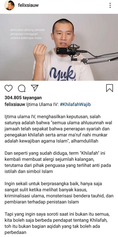 Unggahan Felix Siauw dalam Instagramnya | Sumber IG Felix Siauw