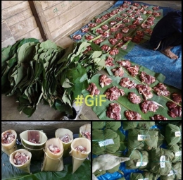 Ilustrasi: Penggunaan pelepah pisang, daun jati dan daun pisang sebagai pembungkus daging kurban. Sumber: Kolase dokpri