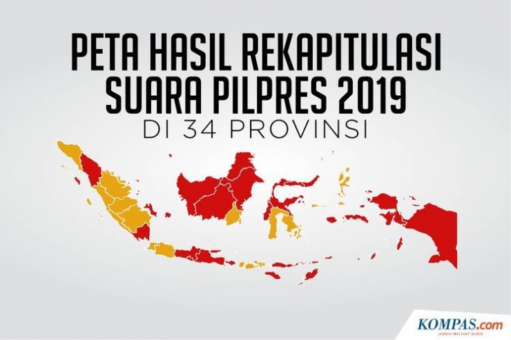 Peta hasil Rekapitulasi Suara Pilpres 2019 di 34 Provinsi (KOMPAS.com/Akbar Bhayu Tamtomo)
