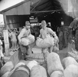 Foto.Japanese soldiers unload stores for the Allied occupation forces at Port Blair in the Andaman Islands