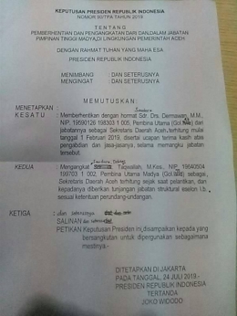 Surat keputusan Presiden Indonesia tentang Sekda Aceh. Dokpri.