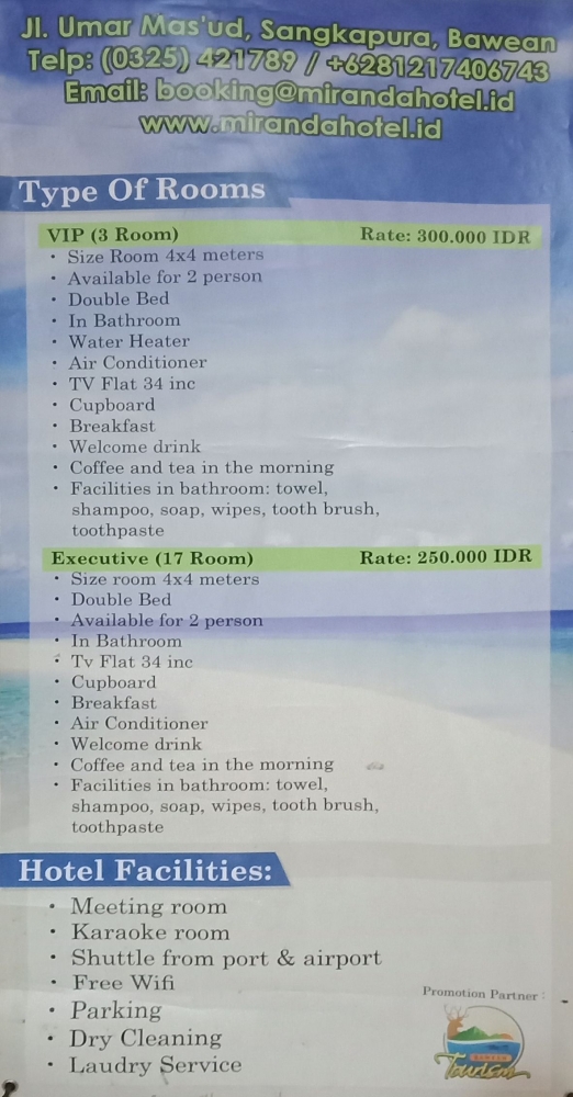 Daftar harga dan fasilitas Hotel Miranda