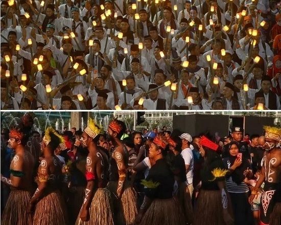 Gambar atas, pawai ribuan obor menyambut 1 Muharam pada Sabtu (31/08/2019) malam. Gambar bawah, warga Papua di Jakarta, menggelar acara Tari Yospan Massal esok paginya, pada Minggu (01/09/2019). Lokasinya sama-sama di Bundaran Hotel Indonesia, di sepanjang Jalan Muhammad Husni Thamrin. Ini bisa kita jadikan inspirasi, untuk menyuburkan spirit toleransi kepada sesama. Untuk bersama merawat negeri ini. Foto: liputan6.com