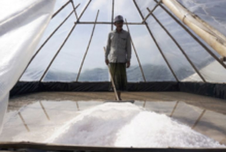 Tambak yang beratap, teknologi sederhana namun membantu petani garam untuk bisa berproduksi  di musim hujan (Foto Anton Muhajir, Mongabay.com)