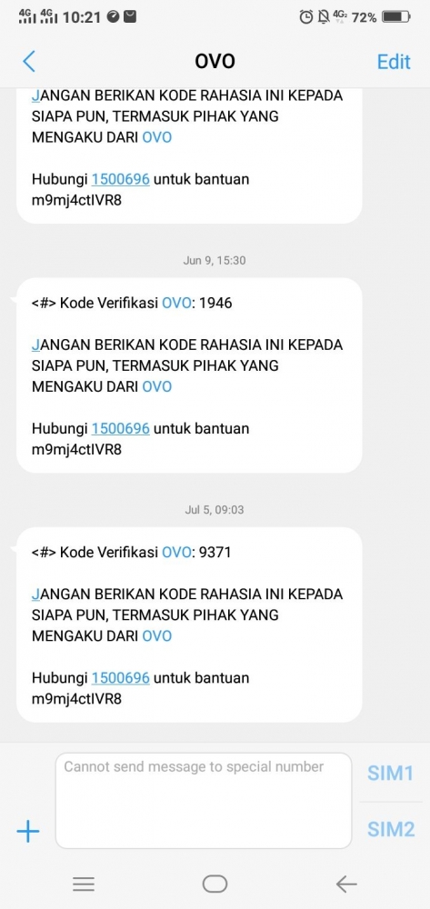 Contoh pemberian kode OTP dari aplikasi OVO yang hanya berlaku beberapa menit saja. Screenshot - dokpri