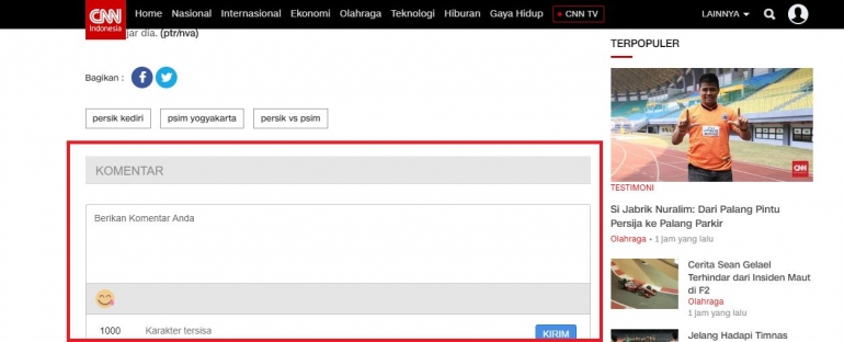 Kolom komentar yang disediakan CNN Indonesia.