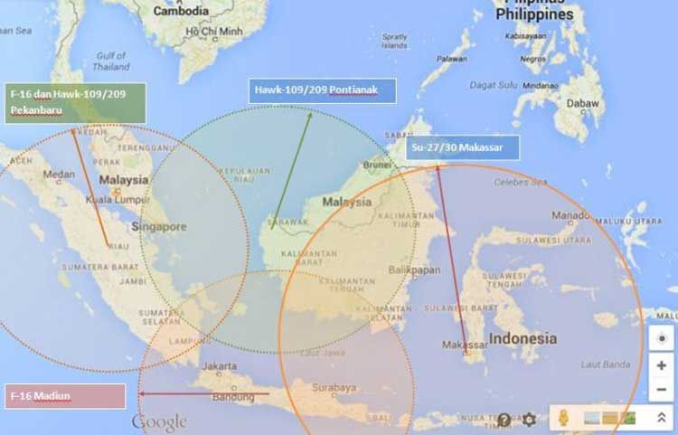 Peta Pangkalan udara di Indonesia. Jakarta disokong oleh Halim Pedanakusuma, Madiun, Pontianak dan Pekanbaru. Sumber: indomiliter.com